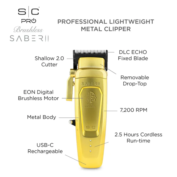 StyleCraft SC617M Saber 2.0 Professional Metal Clipper Digital Brushless Motor - Gold - Image 14