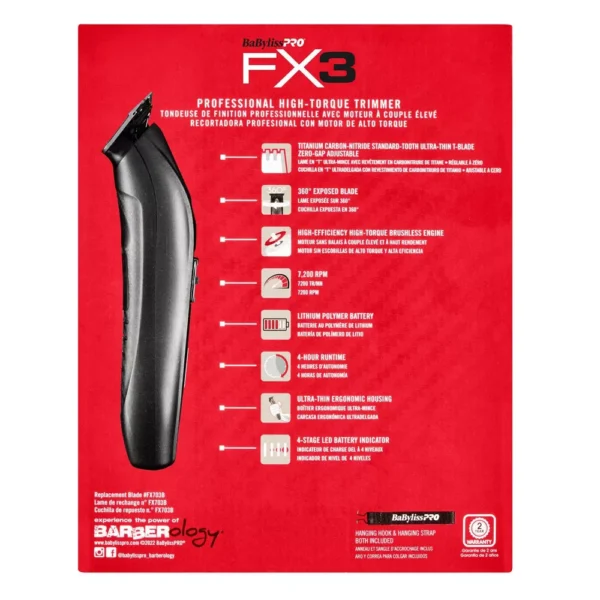 BaBylissPRO FXX3T FX3 Red High-Torque Cordless Zero-Gap T-Blade Hair Trimmer - Image 8