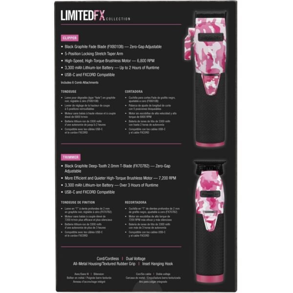 BaBylissPRO FXHOLPKCAMPK LimitedFX Pink Camouflage Clipper & Trimmer Combo - Image 6